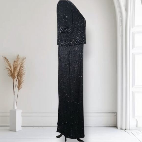Vintage Beaded Silk Evening Gown Set Black Dress Jacket Size L Formal Gala - Picture 5 of 11